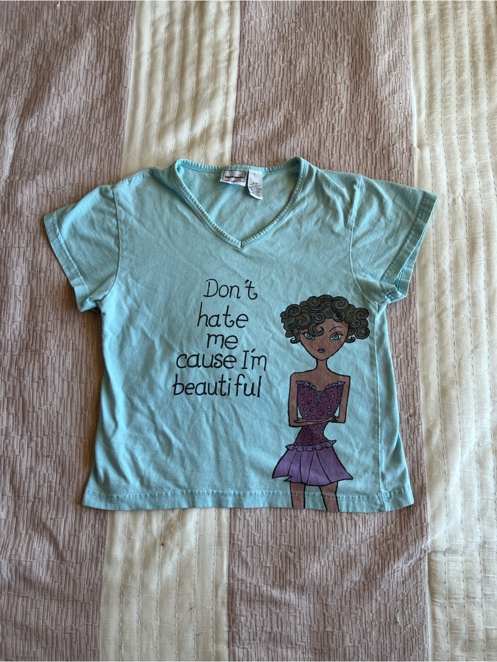 Y2K 2000s Don’t Hate Me Cause I’m Beautiful Baby blue Teal Tee Size Small